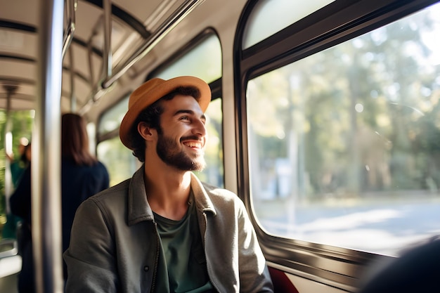 Joven con sombrero sentado en el autobús con fondo borroso