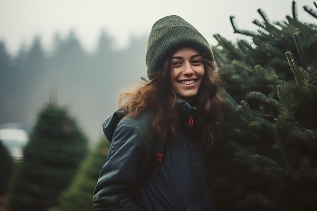 Una joven con un sombrero verde sonríe mientras compra un árbol de Navidad en una granja