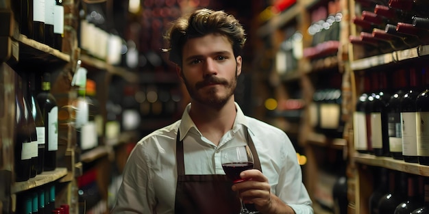 Joven sommelier con camisa blanca y delantal sosteniendo una copa de vino rojo en una bodega Concepto degustación de vino Sommelier sesión de fotos de bodega Retrato profesional del vino rojo