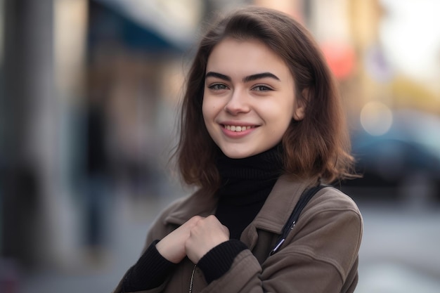 Una joven sonríe en una calle de la ciudad.