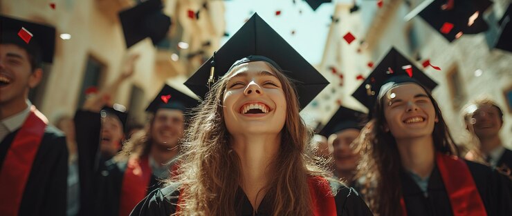 Una joven sonríe emocionada con otros graduados mientras celebran su logro lanzando una gorra