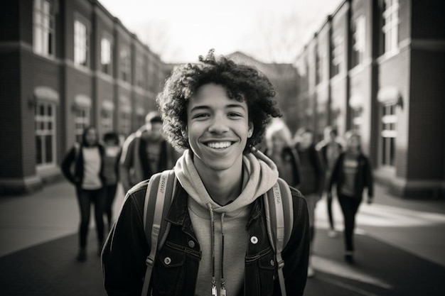 Un joven sonríe frente a una hilera de edificios.