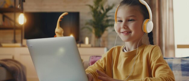 Una joven sonríe mientras aprende en línea con auriculares y una computadora portátil en un entorno acogedor