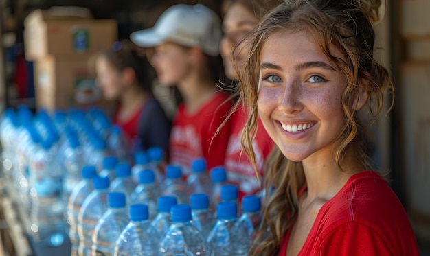 Una joven sonríe mientras está de pie frente a una larga fila de botellas de agua