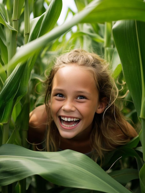 Una joven sonriendo en un campo de maíz.