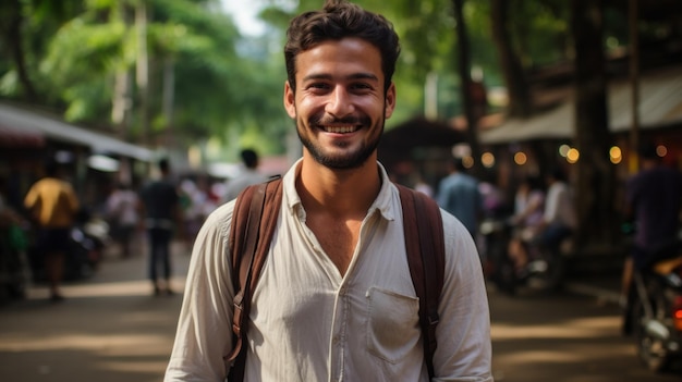 Un joven sonriendo en una ciudad