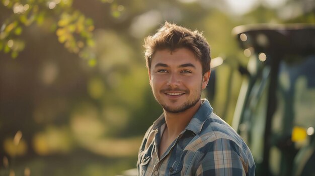 Un joven sonriendo frente a un tractor