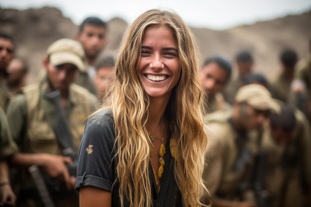 Una joven sonriendo mientras está parada frente a un grupo de rebeldes.