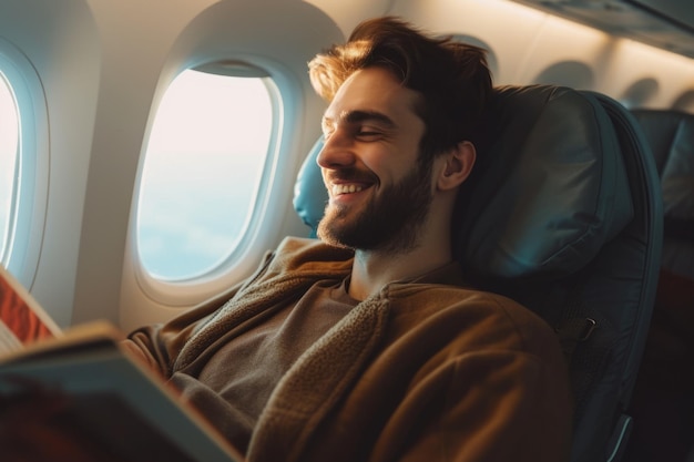 joven sonriendo mientras lee un libro mientras está en un avión de vuelo comercial k foto real