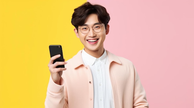 Un joven sonriendo y sosteniendo su teléfono inteligente sobre un fondo de color