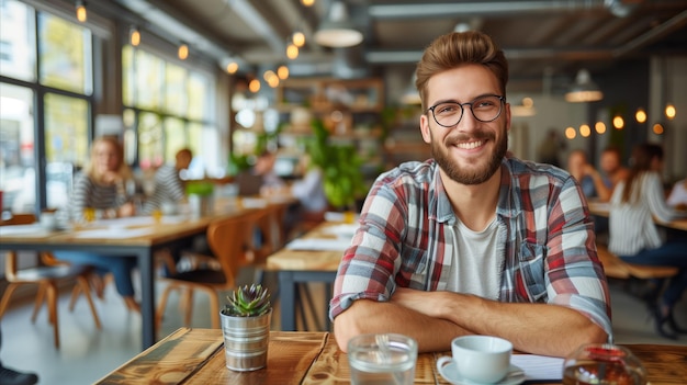 Un joven sonriente en un acogedor café durante el día