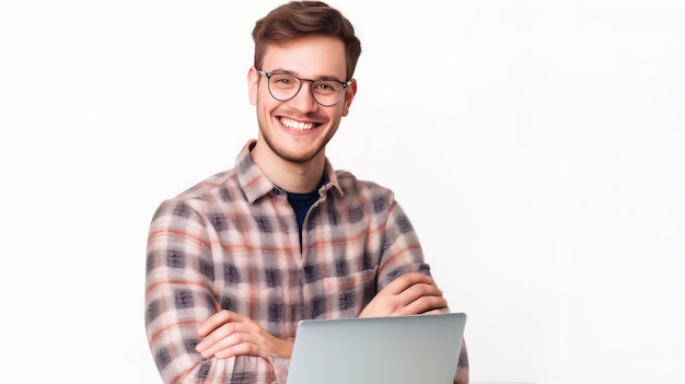 Joven sonriente y alegre con ropa informal posando aislado en un retrato de estudio de pared blanca