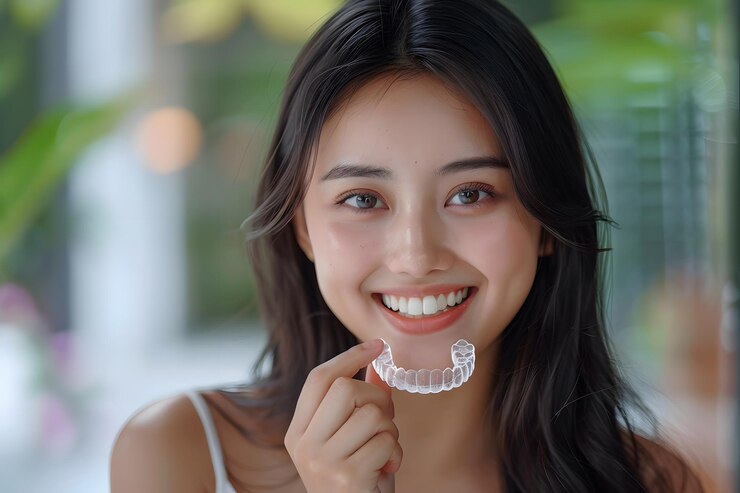 Una joven sonriente con alineadores transparentes para una sonrisa perfecta
