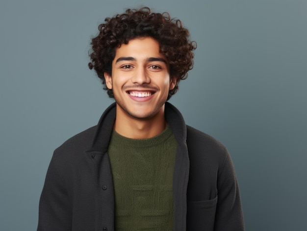 Un joven sonriente de ascendencia mexicana con un fondo neutral