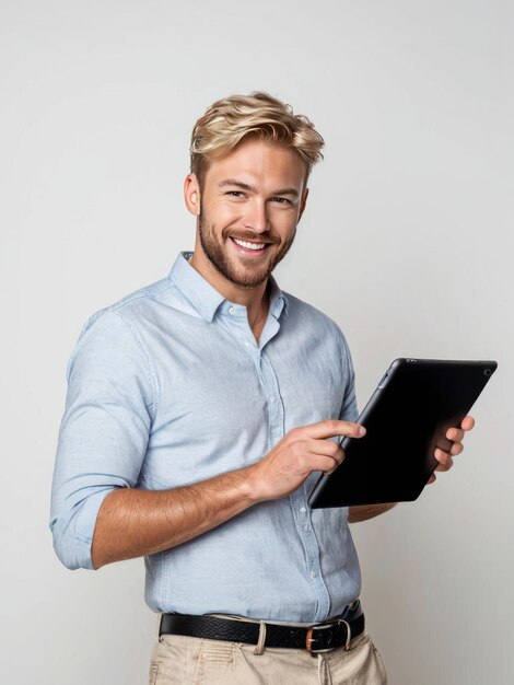 Joven sonriente atractivo hombre barbudo con una tableta