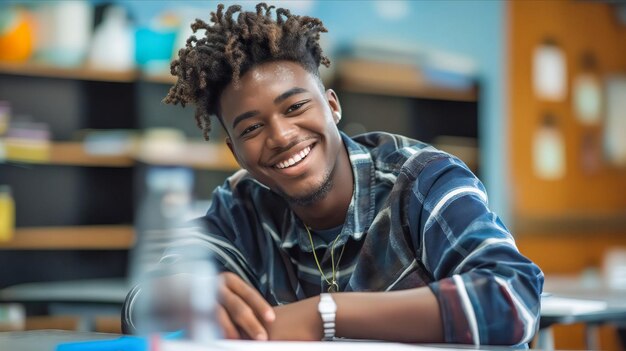 Un joven sonriente en un aula