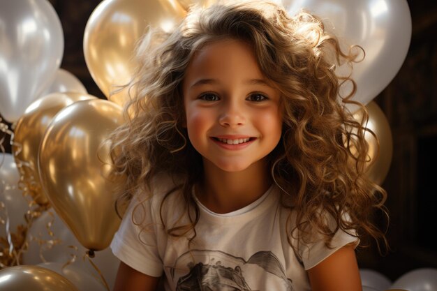 Una joven sonriente con el cabello rizado rodeada de globos dorados y blancos.