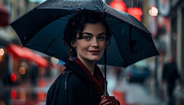 Una joven sonriente caminando bajo la lluvia generada por IA