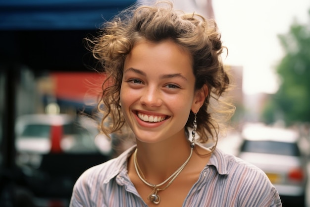 una joven sonriente con una camisa a rayas y un collar