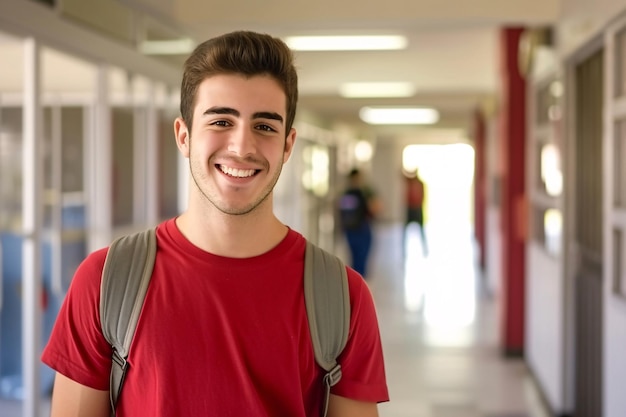 Un joven sonriente con una camisa roja frente al pasillo de una escuela secundaria