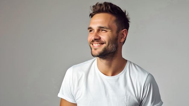 Joven sonriente con una camiseta blanca informal posando para un retrato de estilo de vida en un fondo neutro IA moderna relajada y segura