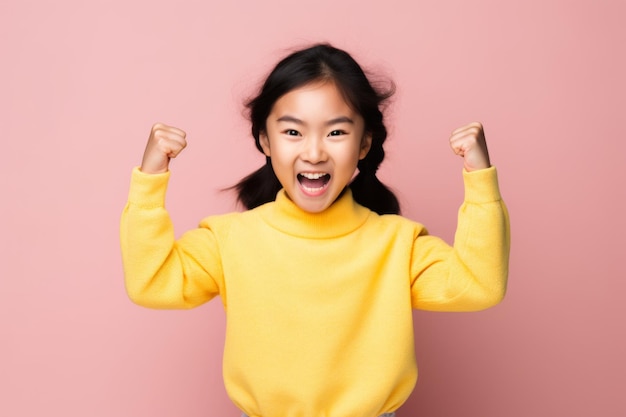 Una joven sonriente con colillas trenzadas vestida con un abrigo amarillo que parece emocionada