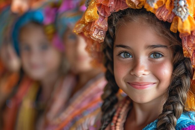 Una joven sonriente con un colorido tocado