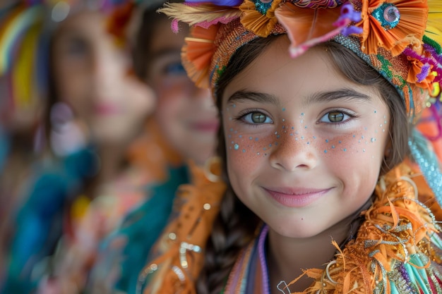 Una joven sonriente con un colorido tocado