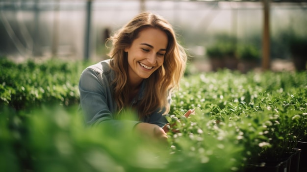 Una joven sonriente cuidando plantas en un exuberante invernadero