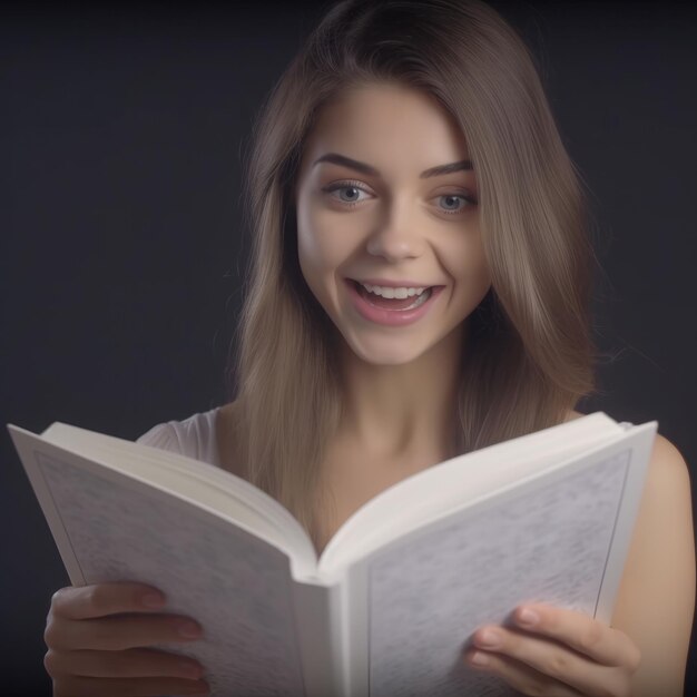 Una joven sonriente disfruta de la lectura sosteniendo un libro abierto con un fondo oscuro que evoca deleite y curiosidad