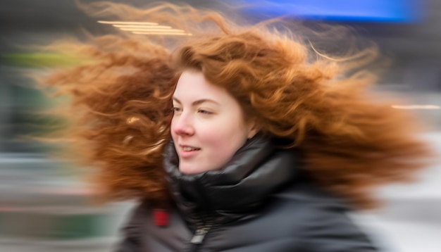 Una joven sonriente disfruta de la libertad en la naturaleza con el cabello rizado generado por IA