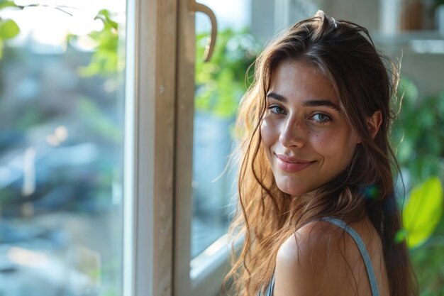 Una joven sonriente disfrutando del sol junto a la ventana