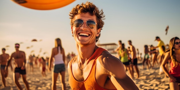 Un joven sonriente disfrutando de una vibrante fiesta en la playa al atardecer, diversión de verano capturada en una instantánea AI