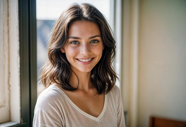 Una joven sonriente enmarcada por hojas verdes