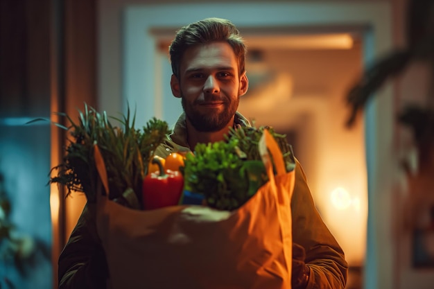 Un joven sonriente entregando comestibles orgánicos en casa