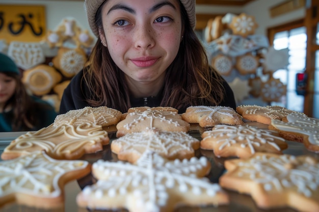 Una joven sonriente exhibiendo galletas de pan de jengibre caseras en una mesa con decoraciones festivas en