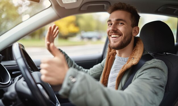 Foto joven sonriente feliz haciendo bien señal de conducir coche
