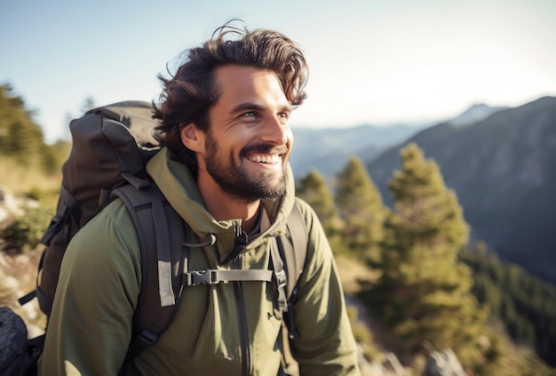 Un joven sonriente felizmente yendo a acampar un excursionista masculino caucásico en la montaña