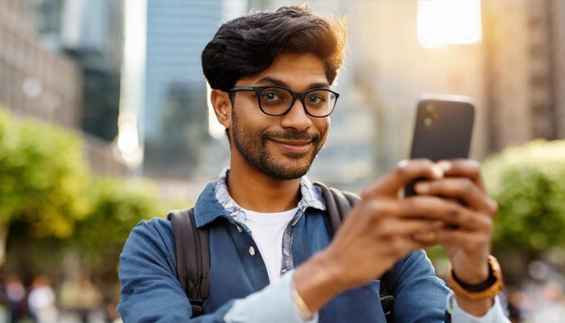 Foto joven sonriente fotografiando la ciudad con el teléfono