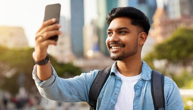 Foto joven sonriente fotografiando la ciudad con el teléfono