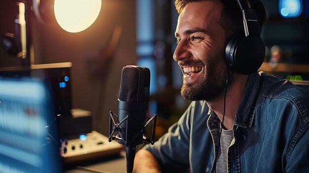 Foto un joven sonriente hablando en el micrófono durante un podcast en el estudio