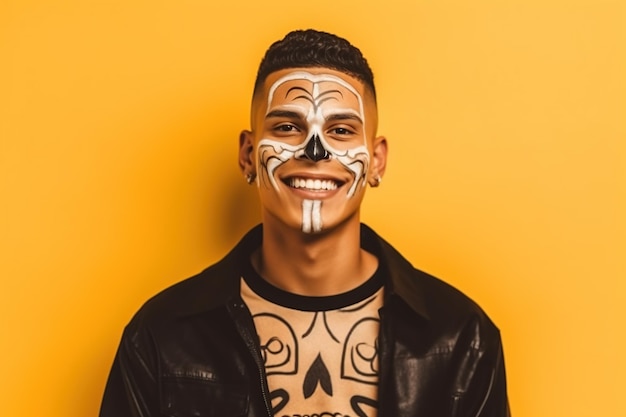 Joven sonriente con maquillaje del día de los muertos IA generativa