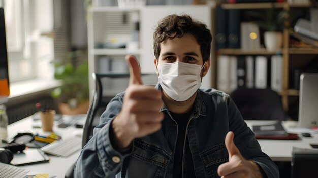 Foto un joven sonriente con una máscara dando pulgares hacia arriba en una acogedora oficina en casa un entorno interior casual con vibraciones positivas trabajo desde casa concepto de ia