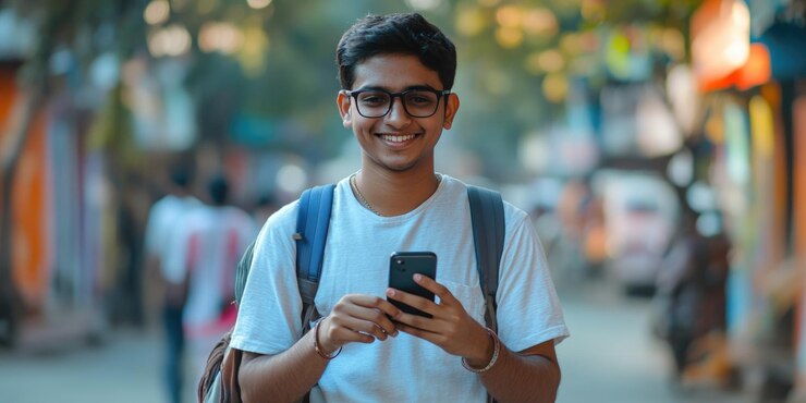 Un joven sonriente en una mochila con un teléfono