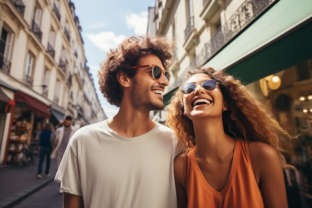 Una joven sonriente y un niño caminando por las calles de París en un día soleado