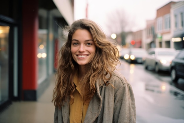 una joven sonriente parada en una calle de la ciudad