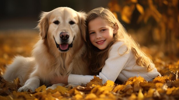 Una joven sonriente paseando con su perro beagle en un día de otoño en un bosque de otoño creado con tecnología de IA generativa