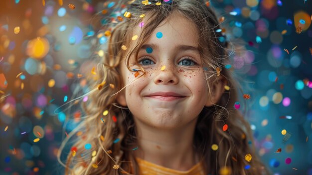 Una joven sonriente con pecas rodeada de coloridos confeti