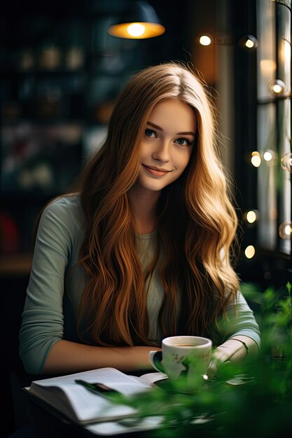 Una joven sonriente de pelo largo sentada con una taza de café y un diario en las manos en un café verde