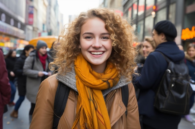 una joven sonriente con el pelo rizado en una calle de la ciudad